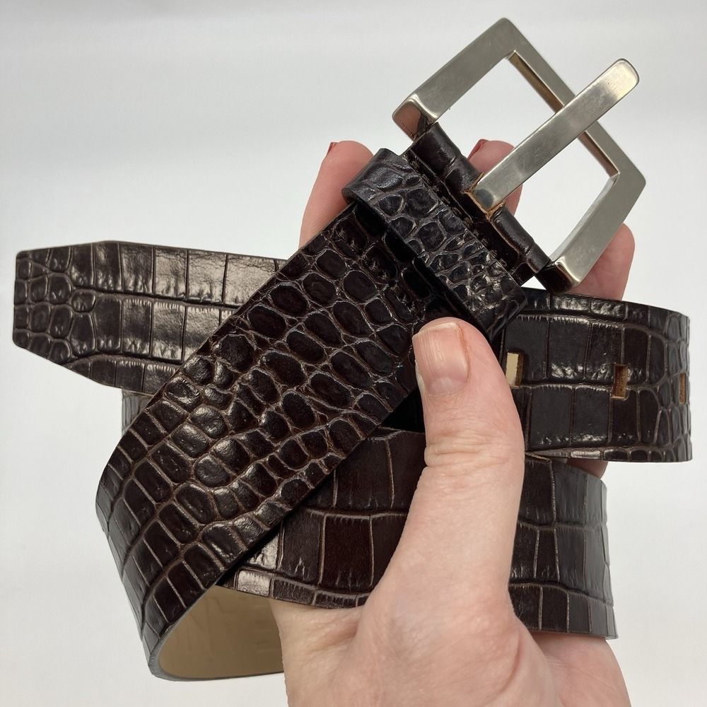 New York & Co Italian Leather Belt Womens M Brown Croc Embossed Italy Old Money‎